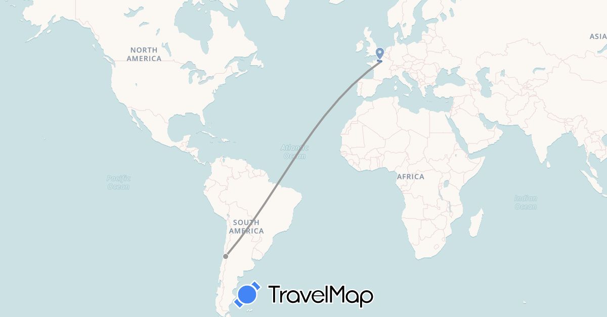TravelMap itinerary: plane, cycling in Chile, France (Europe, South America)